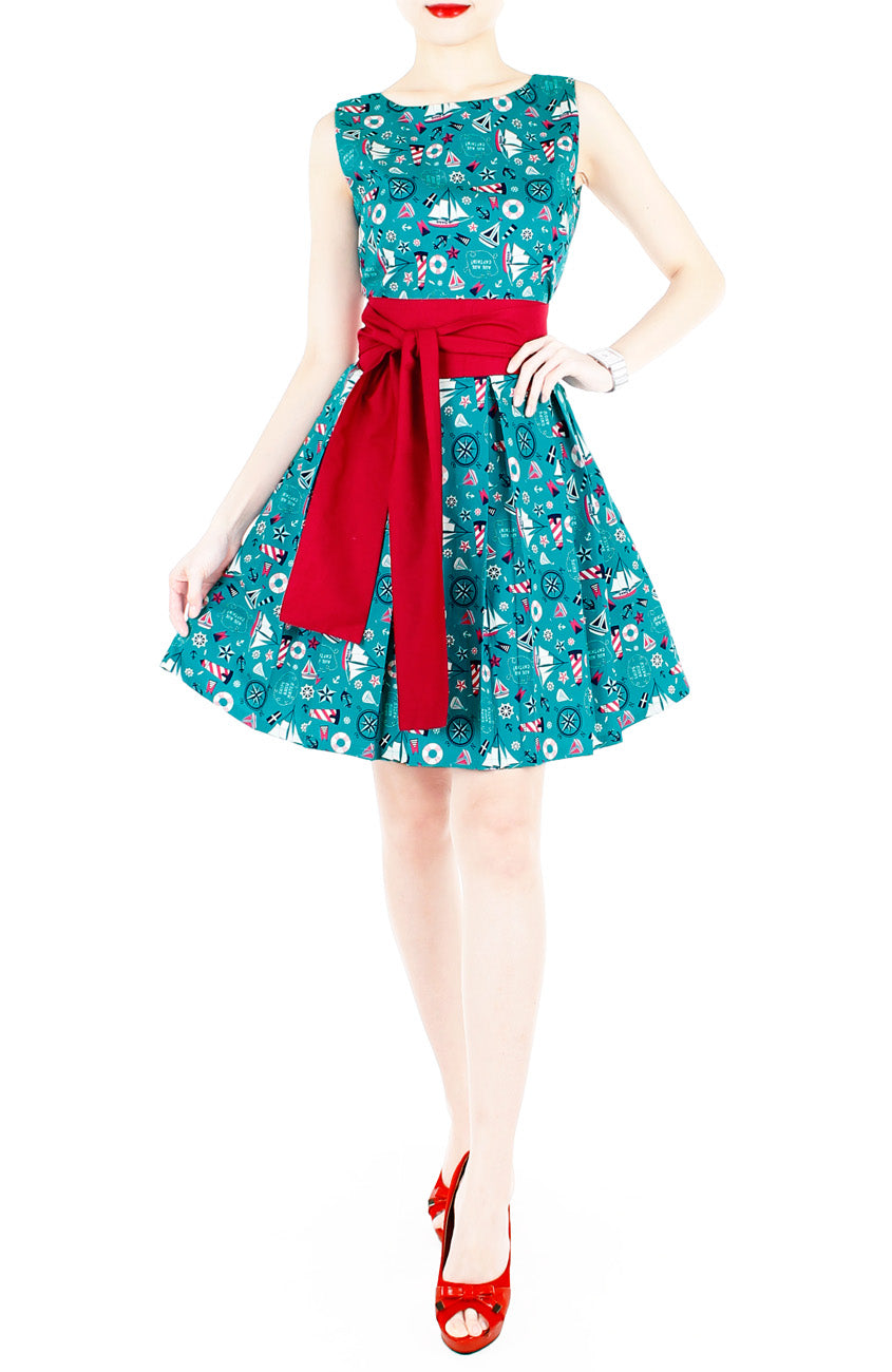 Saint Sailorette Flare Dress with Obi Belt - Turquoise