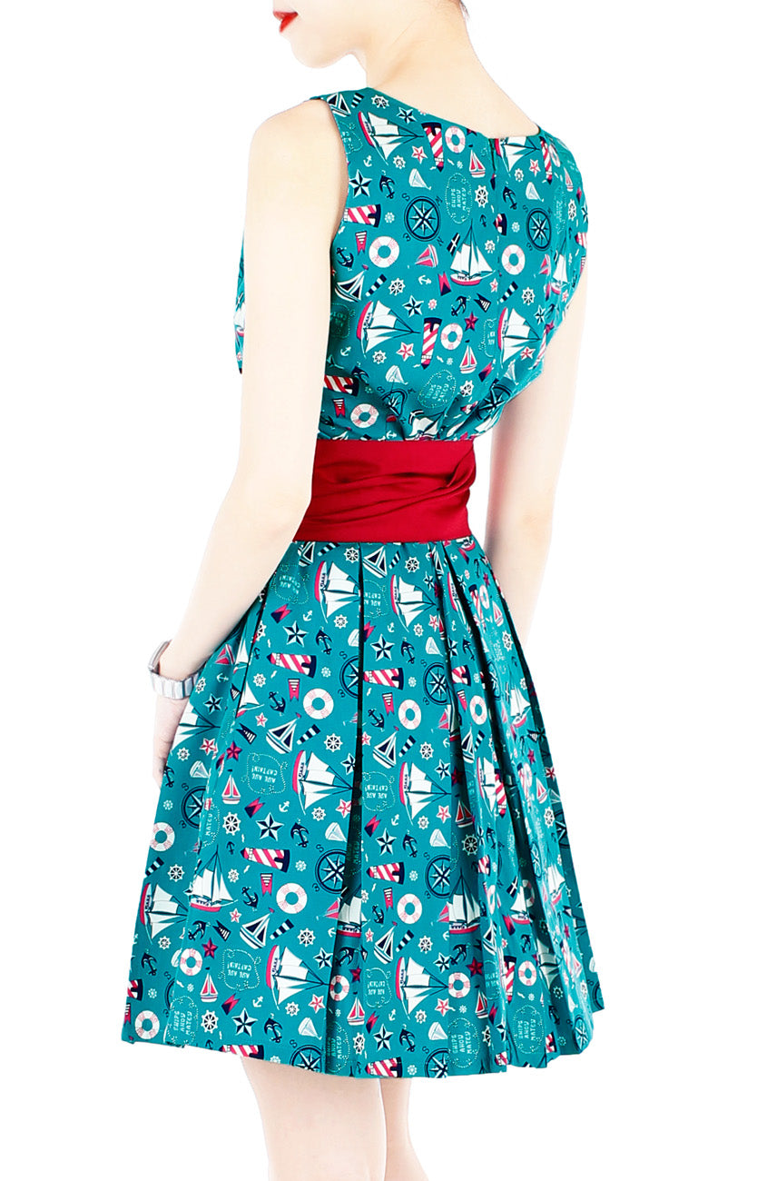 Saint Sailorette Flare Dress with Obi Belt - Turquoise