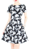 Secret Rose Garden Flare Dress in Short Sleeves - Black
