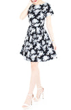 Secret Rose Garden Flare Dress in Short Sleeves - Black