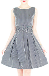 Serenity Striped Flare Dress with Wide Belt - Dark Blue