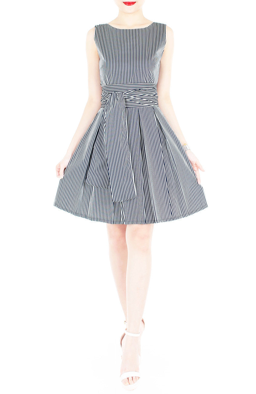 Serenity Striped Flare Dress with Wide Belt - Dark Blue