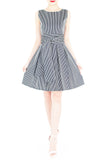 Serenity Striped Flare Dress with Wide Belt - Dark Blue