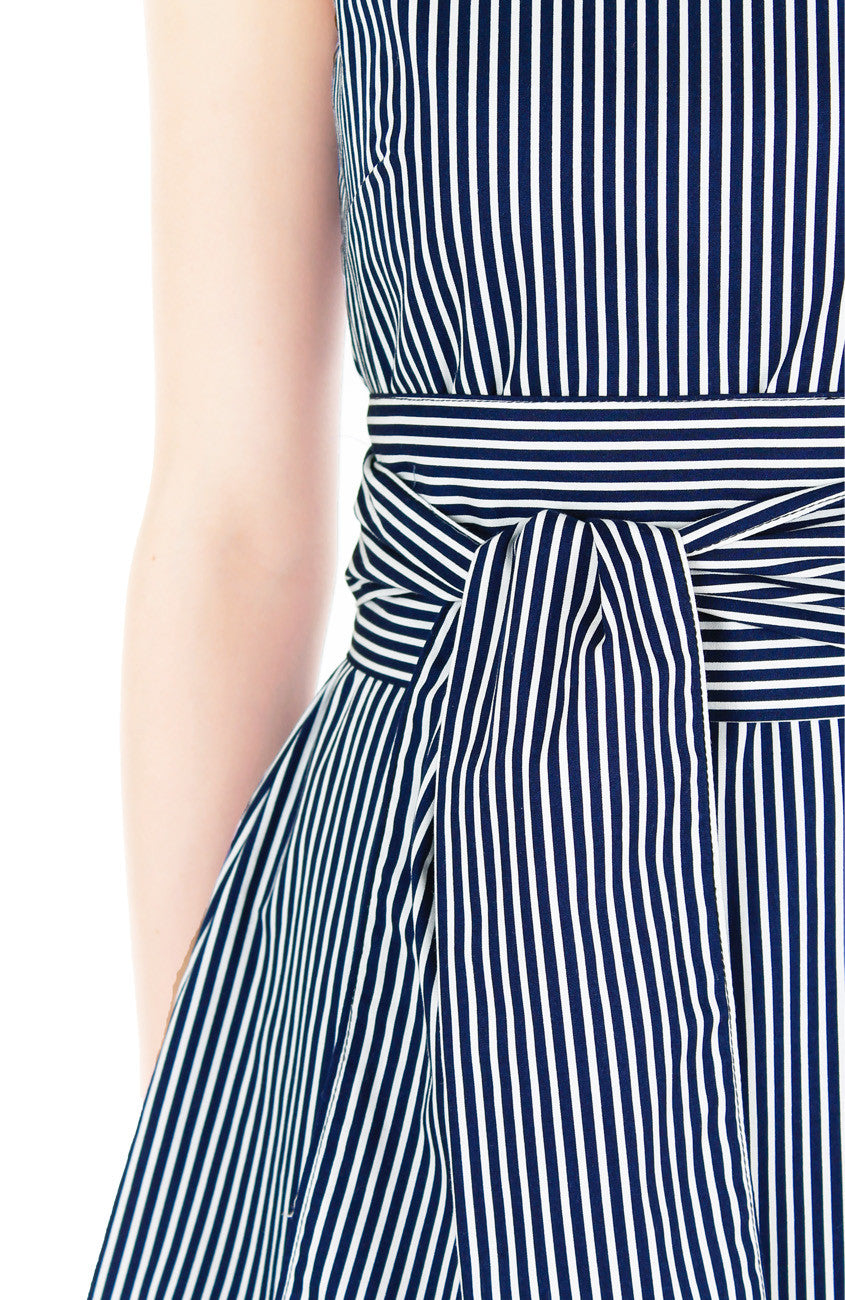 Serenity Striped Flare Dress with Wide Belt - Dark Blue