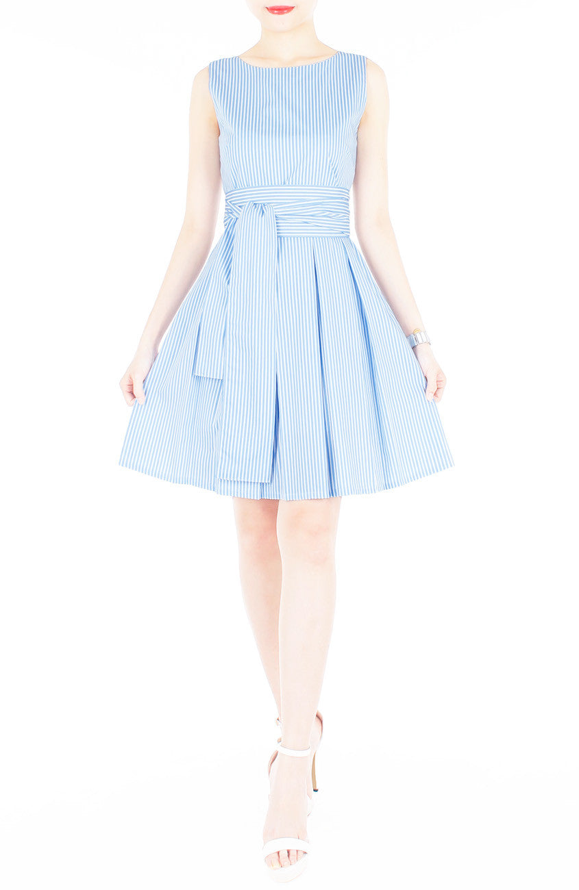 Serenity Striped Flare Dress with Wide Belt - Light Blue