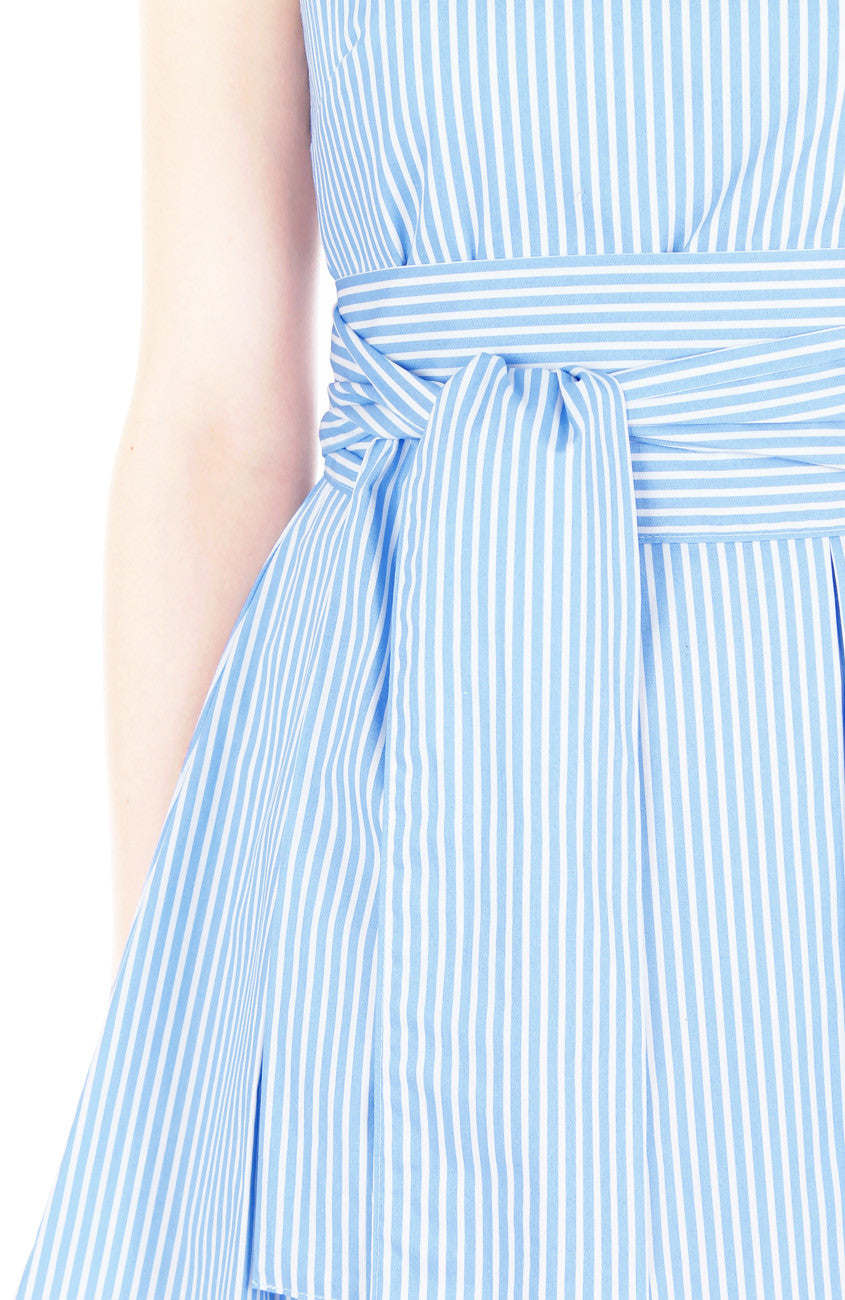 Serenity Striped Flare Dress with Wide Belt - Light Blue