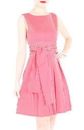Serenity Striped Flare Dress with Obi Belt - Lipstick Red