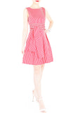 Serenity Striped Flare Dress with Obi Belt - Lipstick Red