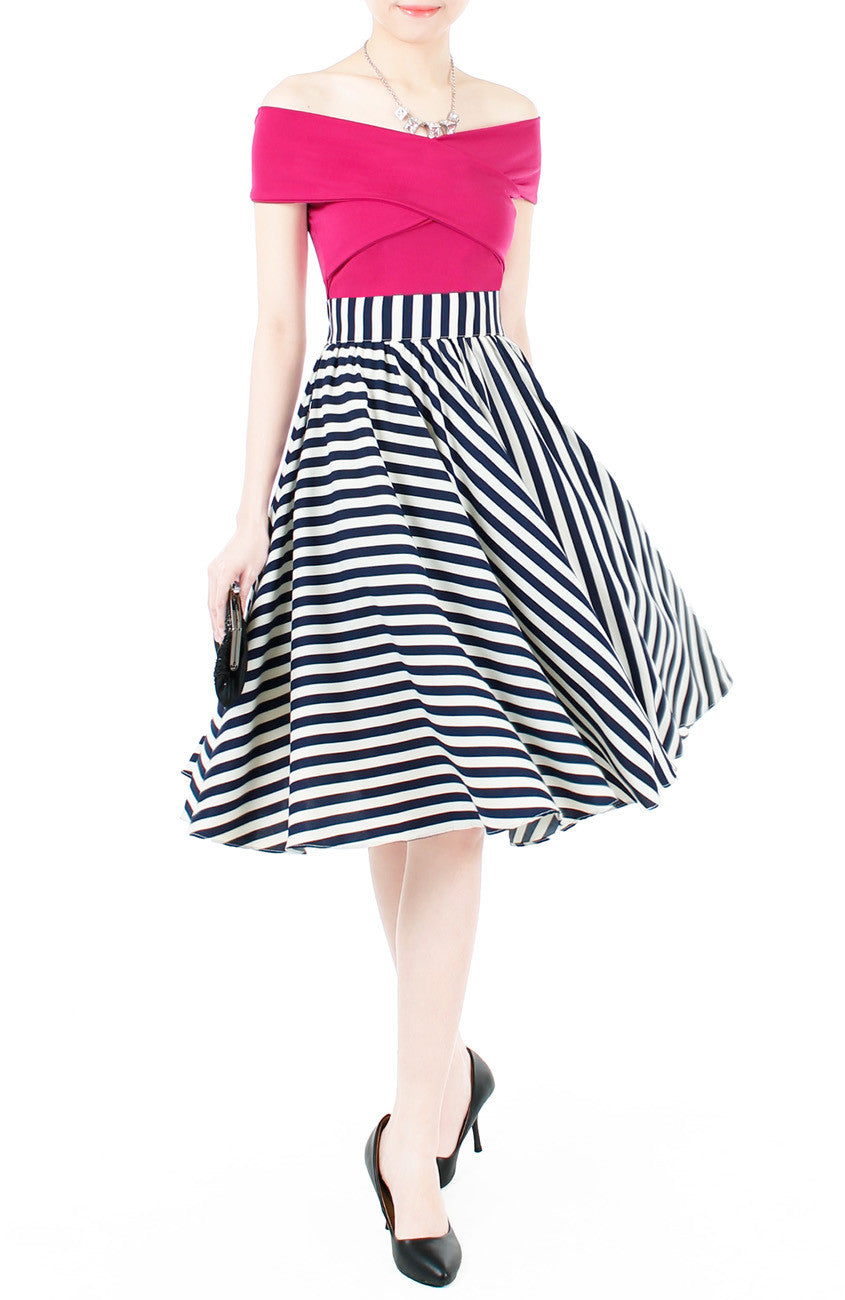 Smitten by Stripes 50s Flare Skirt - Midnight Blue