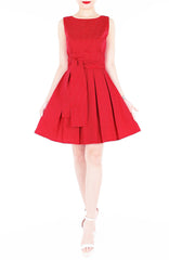 Snowflake Spots Flare Dress with Obi Belt - Cherry Red