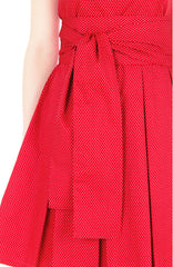 Snowflake Spots Flare Dress with Obi Belt - Cherry Red