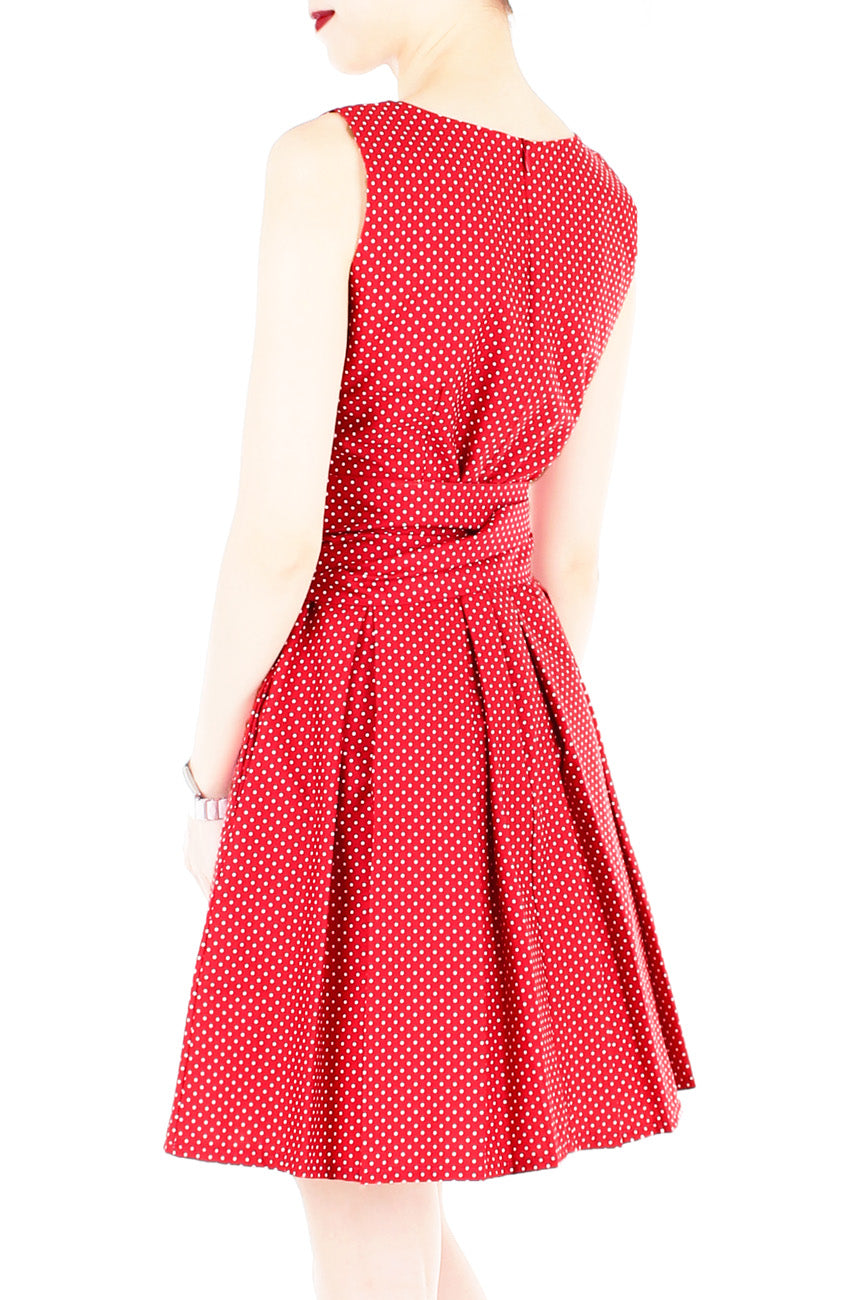 Snowflake Spots Flare Dress with Wide Belt - Cherry Red