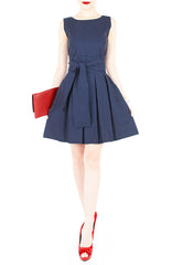 Snowflake Spots Flare Dress with Obi Belt - Night Blue