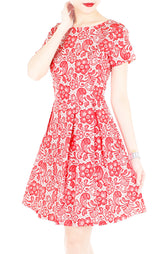 Sophisticated Specialty Lace Flare Dress with Short Sleeves - Lipstick Red