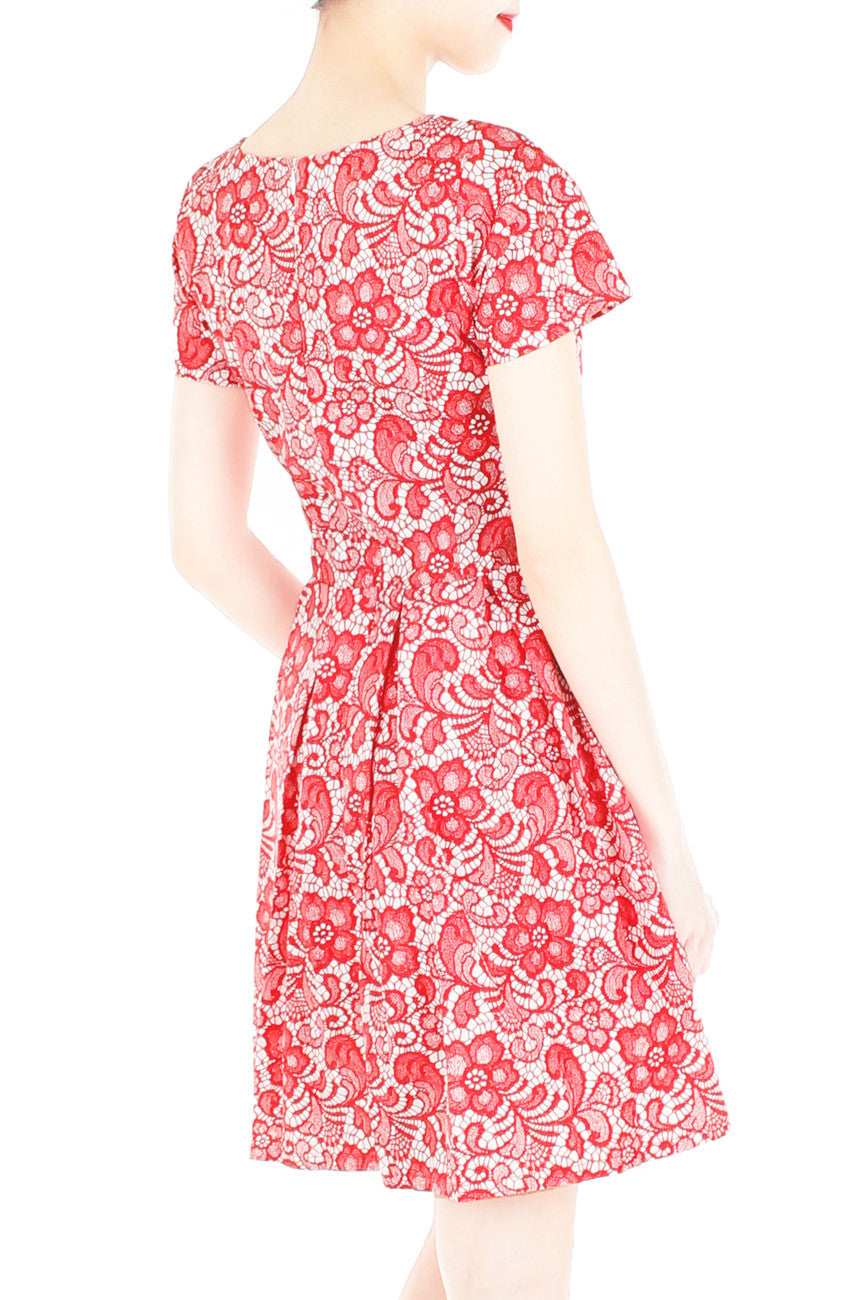 Sophisticated Specialty Lace Flare Dress with Short Sleeves - Lipstick Red