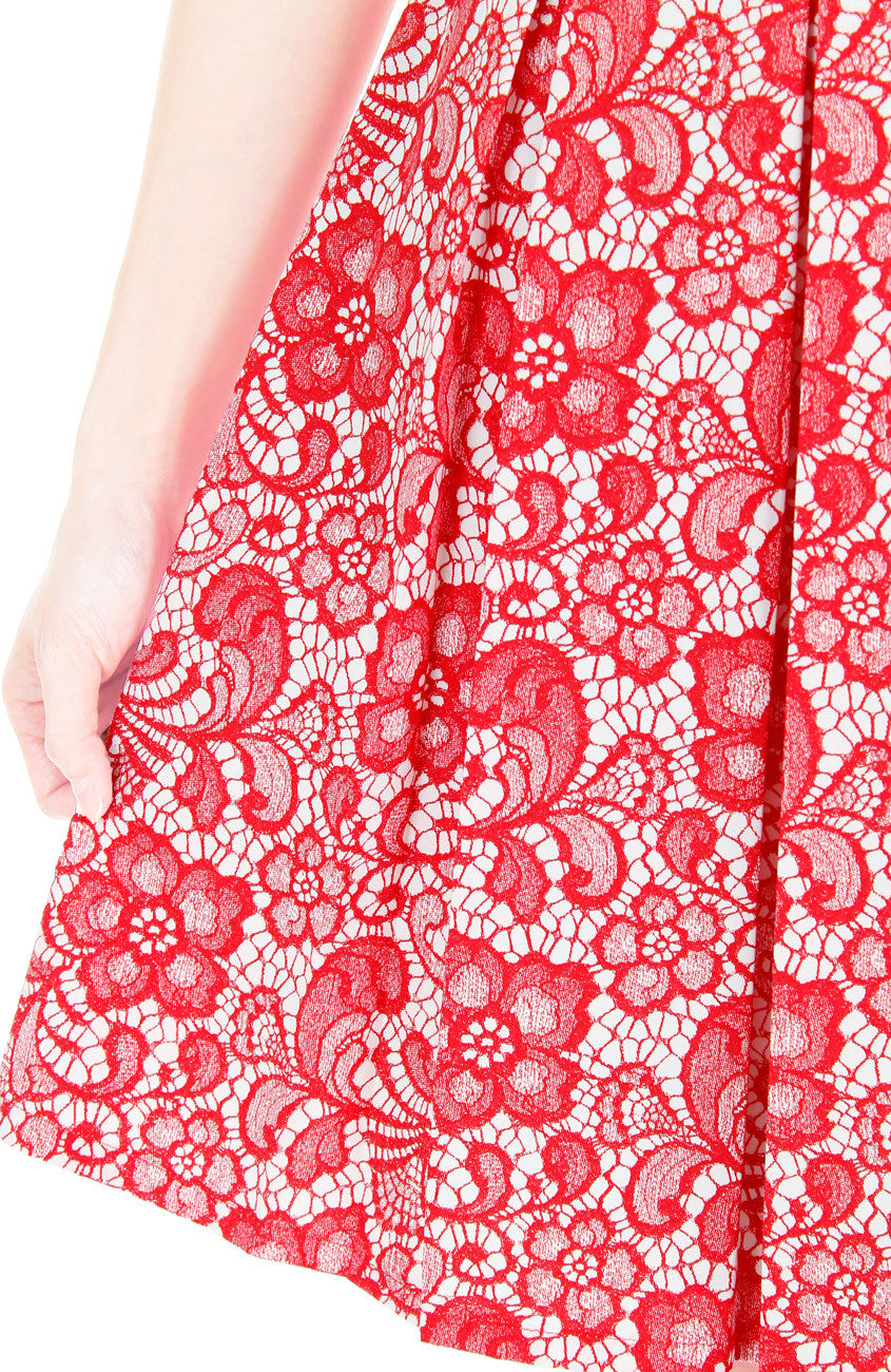 Sophisticated Specialty Lace Flare Dress with Short Sleeves - Lipstick Red