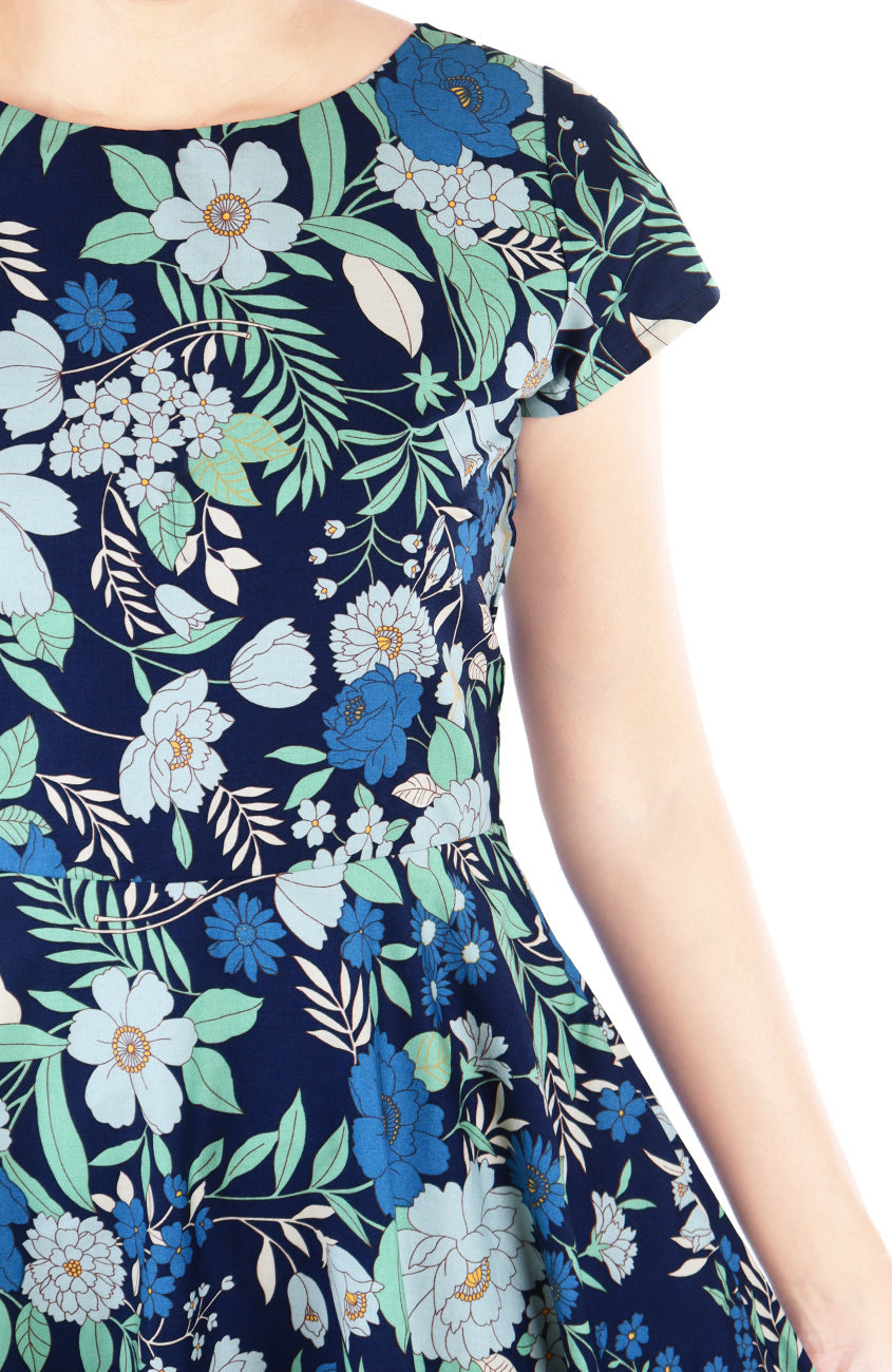 Spring Camellias Flare Tea Dress - Bluebell