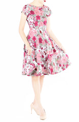 Spring Camellias Flare Tea Dress - Cerise