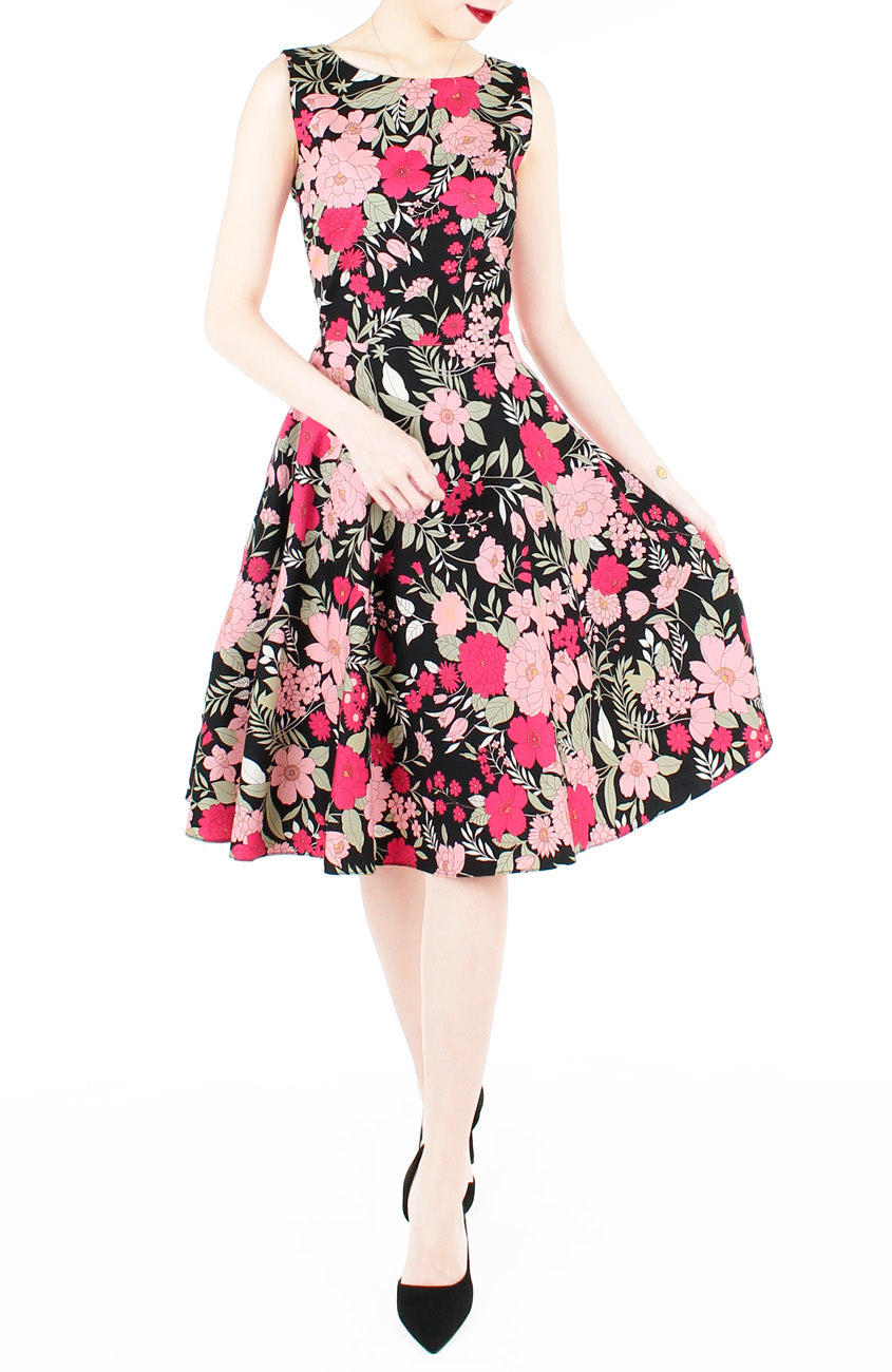 Spring Camellias Floral Flare Midi Dress - Noir Black