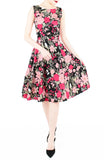 Spring Camellias Floral Flare Midi Dress - Noir Black