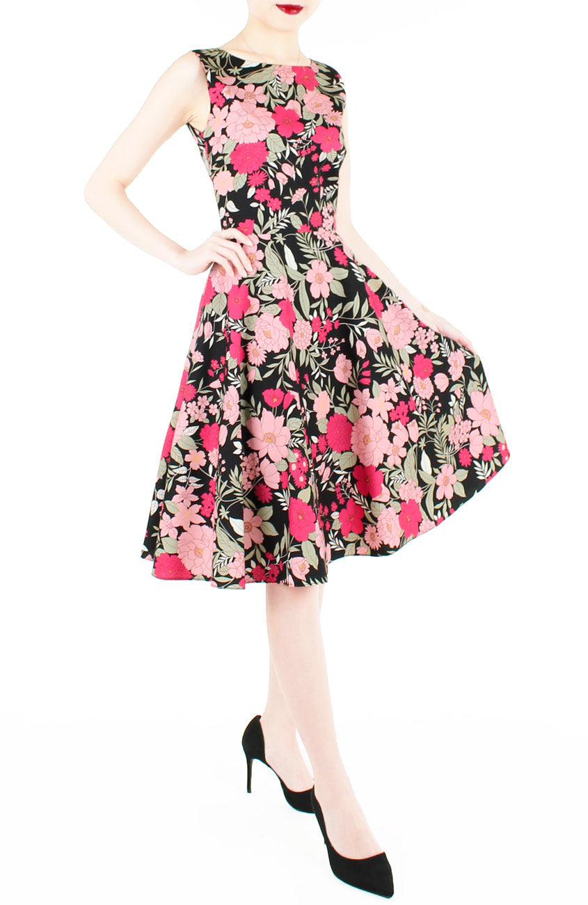 Spring Camellias Floral Flare Midi Dress - Noir Black