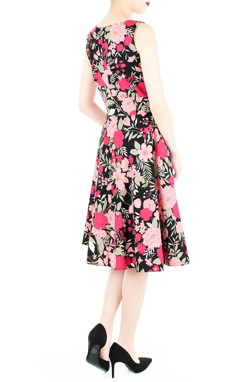 Spring Camellias Floral Flare Midi Dress - Noir Black