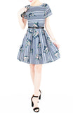 Stripes & Florals Done Right Flare Dress with Short Sleeves - Azure Blue