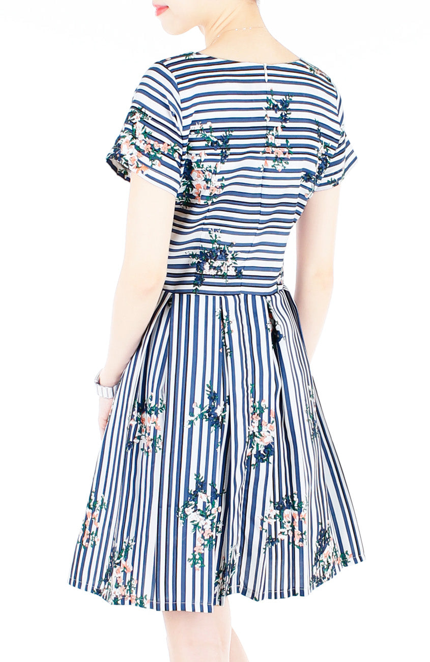 Stripes & Florals Done Right Flare Dress with Short Sleeves - Azure Blue
