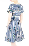 Stripes & Florals Done Right Flare Dress with Short Sleeves - Azure Blue