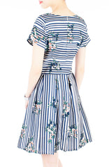 Stripes & Florals Done Right Flare Dress with Short Sleeves - Azure Blue