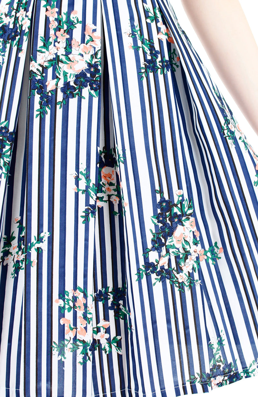 Stripes & Florals Done Right Flare Dress with Short Sleeves - Azure Blue