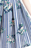 Stripes & Florals Done Right Flare Dress with Short Sleeves - Azure Blue