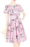 Stripes & Florals Done Right Flare Dress with Short Sleeves - Rose Pink