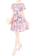 Stripes & Florals Done Right Flare Dress with Short Sleeves - Rose Pink