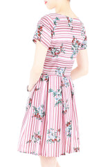 Stripes & Florals Done Right Flare Dress with Short Sleeves - Rose Pink