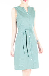 Style Spotted A-Line Button Down Dress in Knee Length – Moss Green