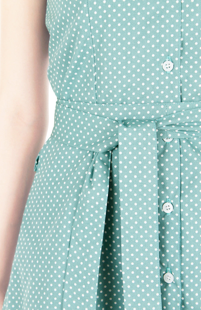 Style Spotted A-Line Button Down Dress in Knee Length – Moss Green