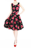 The Enchanted Red Rose Flare Midi Dress
