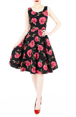 The Enchanted Red Rose Flare Midi Dress