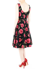 The Enchanted Red Rose Flare Midi Dress