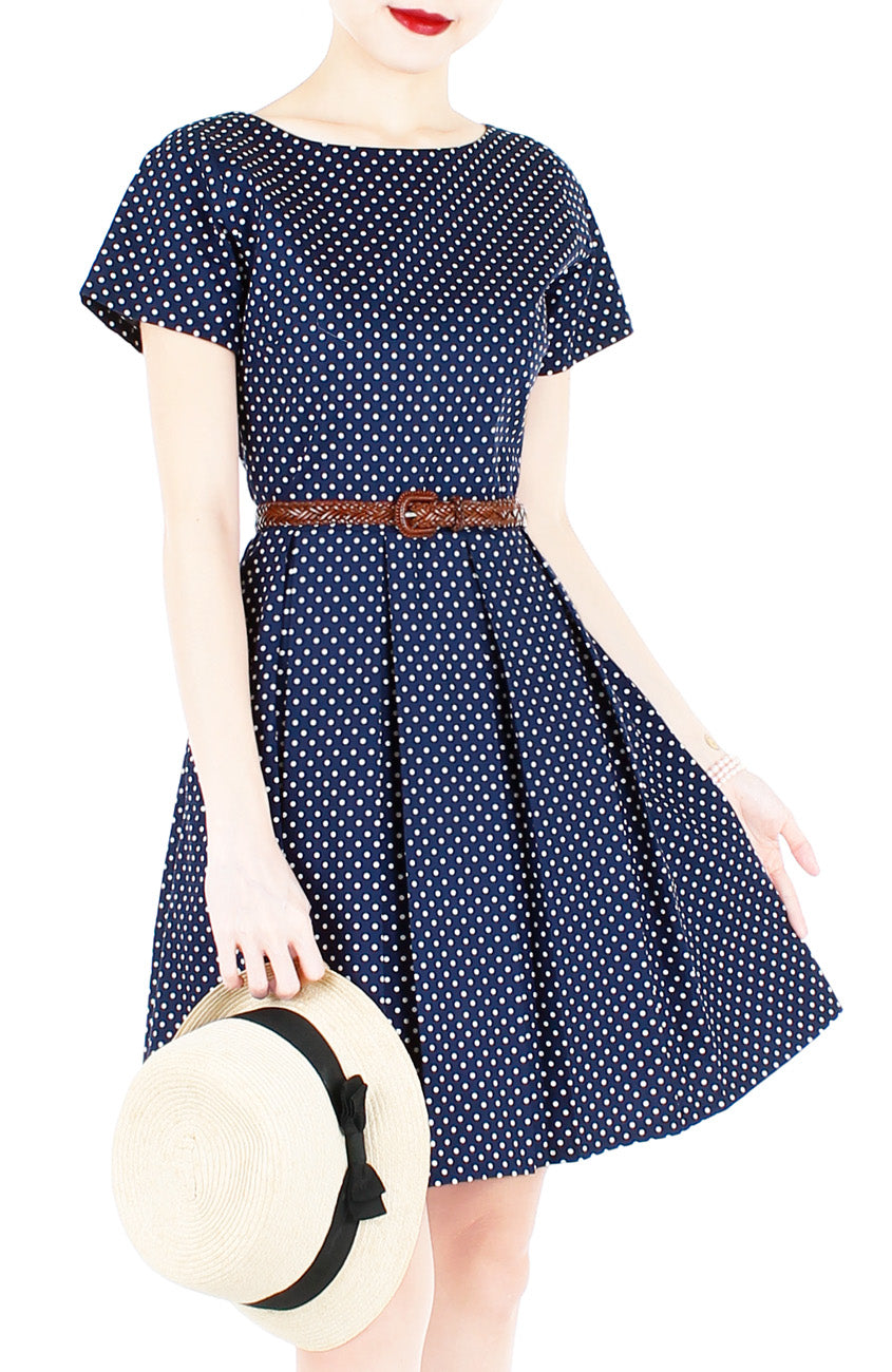Traveler’s Tune Polka Dot Flare Dress with Short Sleeves - Navy Blue