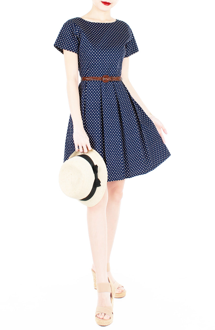 Traveler’s Tune Polka Dot Flare Dress with Short Sleeves - Navy Blue