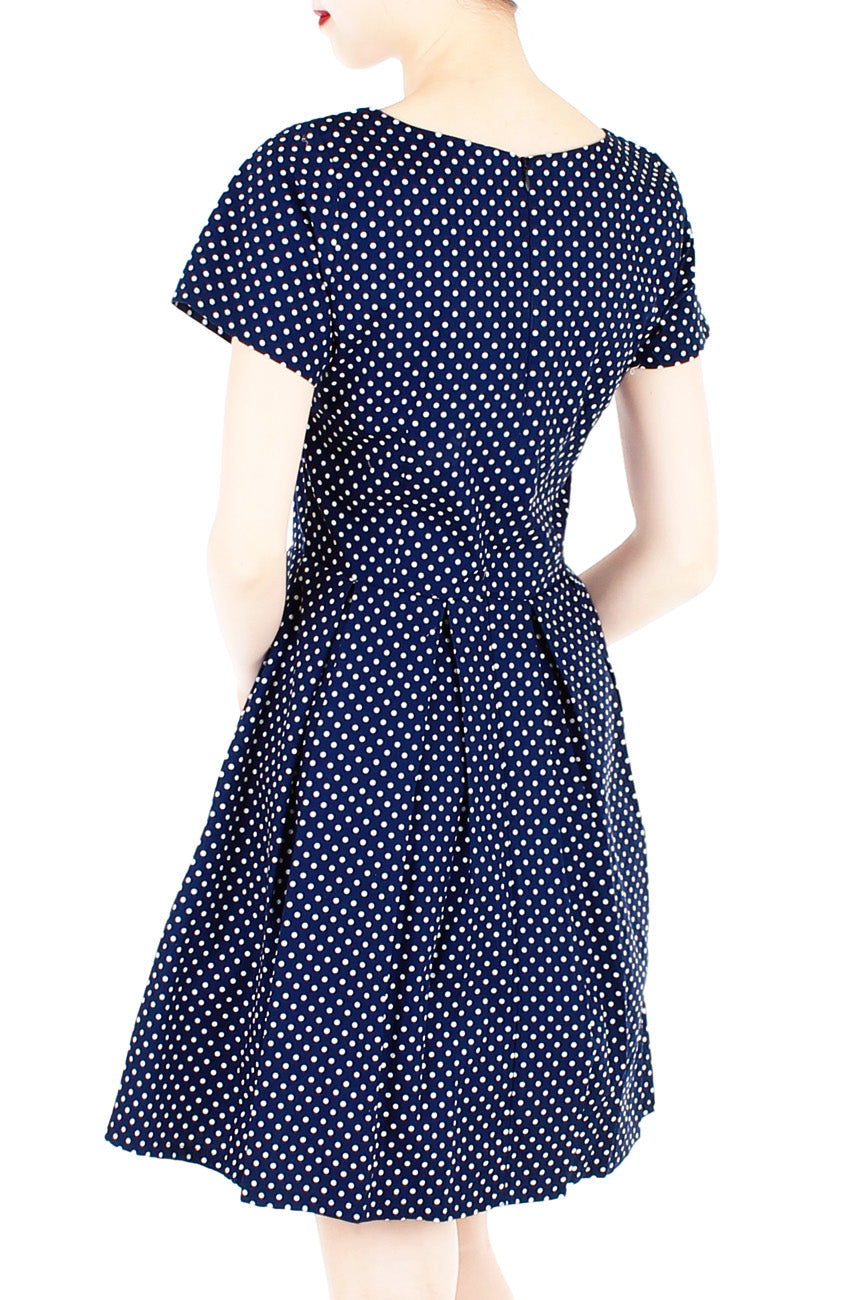 Traveler’s Tune Polka Dot Flare Dress with Short Sleeves - Navy Blue