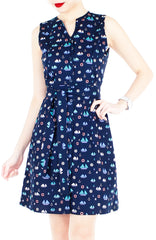 Unstoppably Nautical A-Line Button Down Dress with Belt - Blue Sails