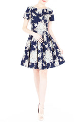 Vintage Heirloom Roses Flare Dress with Short Sleeves - Dark Blue