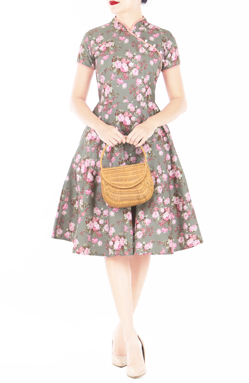 Vintage Olive Peonies Cheongsam with Pearl Buttons