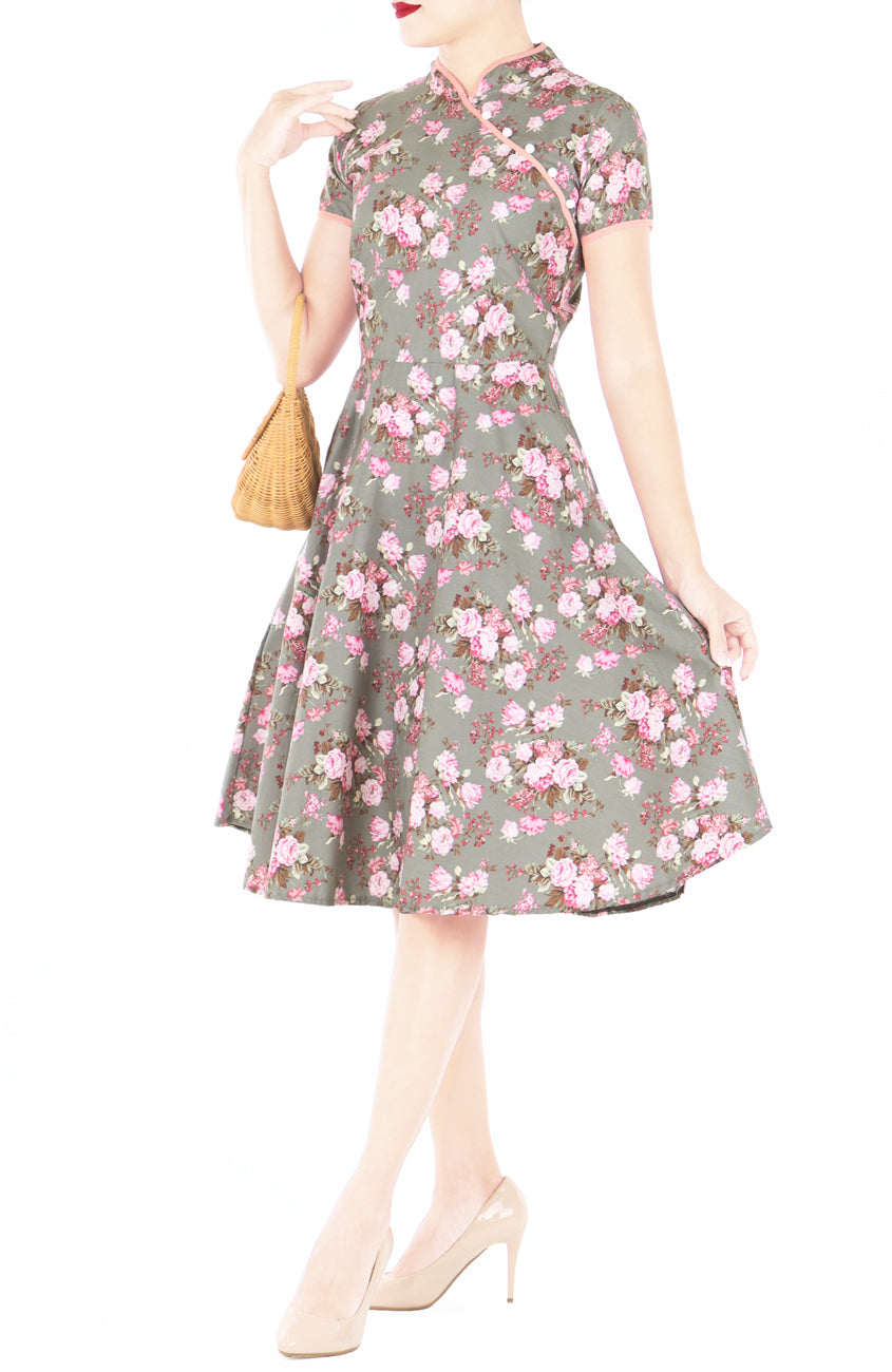 Vintage Olive Peonies Cheongsam with Pearl Buttons