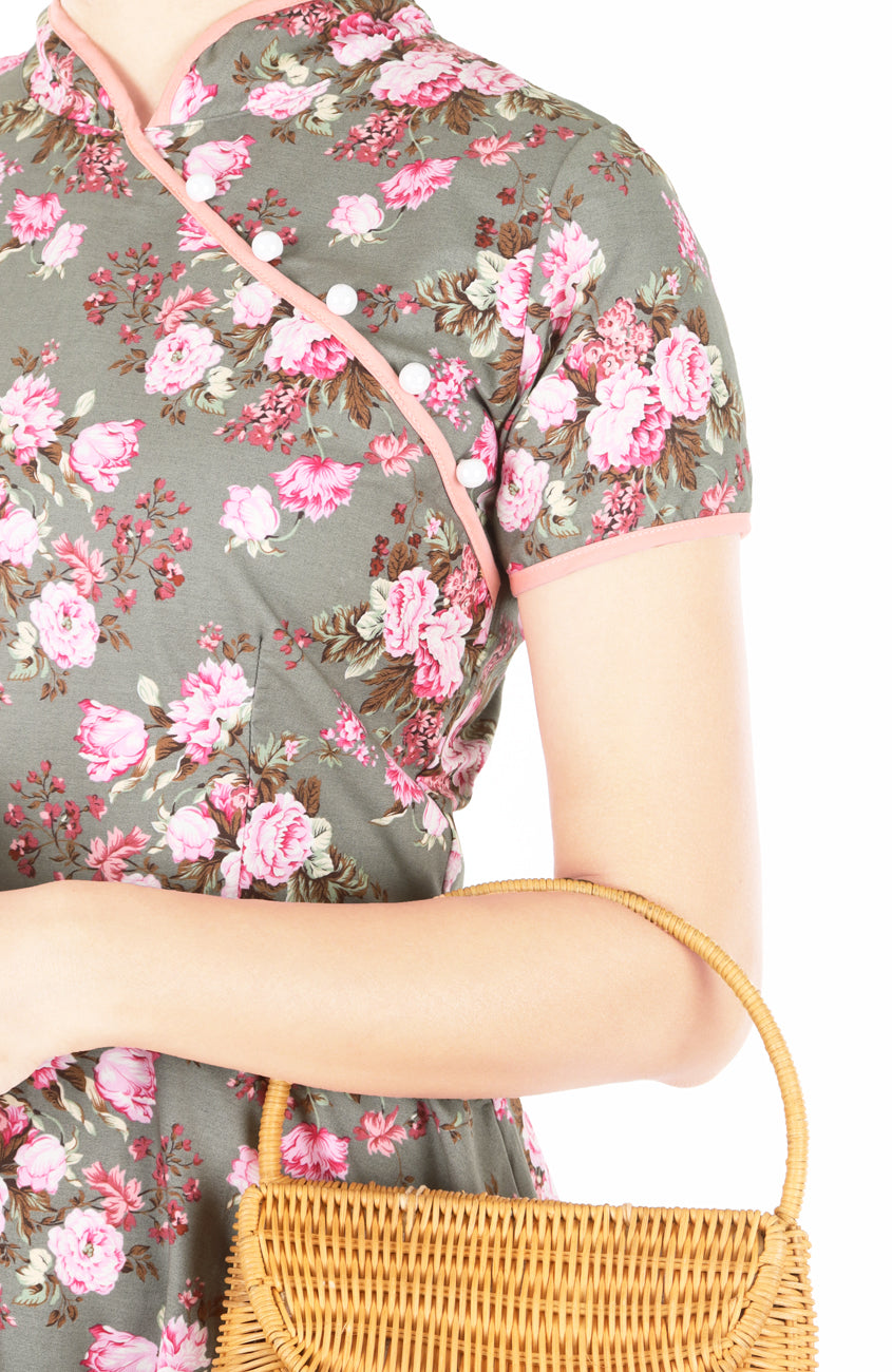 Vintage Olive Peonies Cheongsam with Pearl Buttons