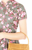Vintage Olive Peonies Cheongsam with Pearl Buttons