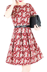 Vintage Blossoms in Mahogany Flare Dress with Short Sleeves